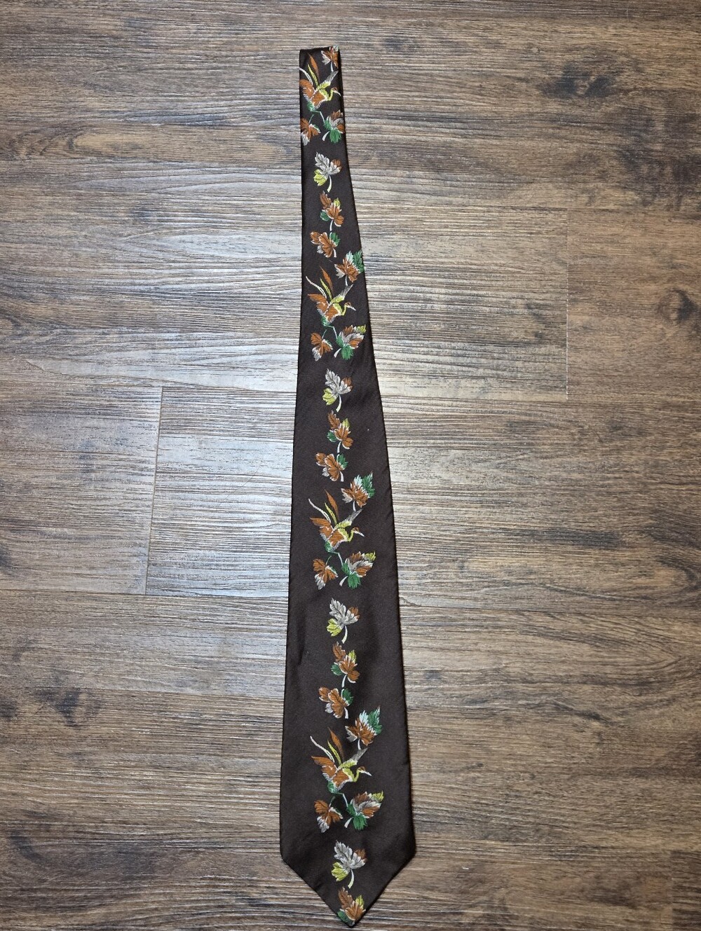 Vintage 70s Brown Dino Orsini Leaves Bird Tie